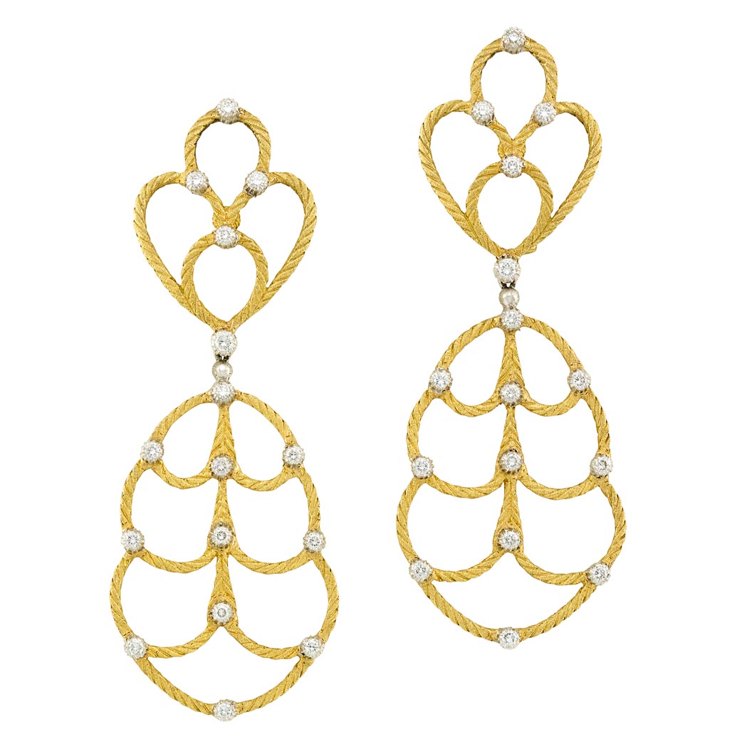 Appraisal: Pair of Two-Color Gold and Diamond Pendant-Earclips Buccellati kt yellow