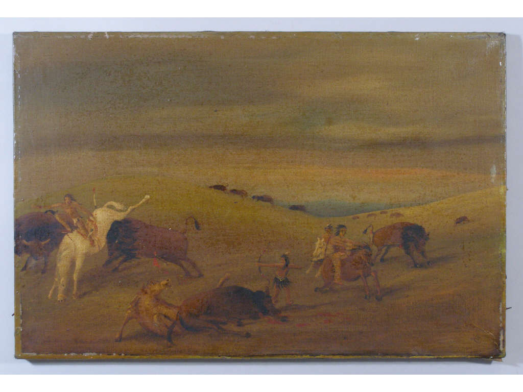 Appraisal: School of George Catlin Buffalo Hunt oil on canvas bears