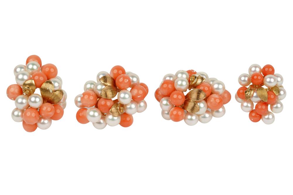 Appraisal: SUITE OF KARAT YELLOW GOLD PEARL CORAL JEWELRYcomprising two rings