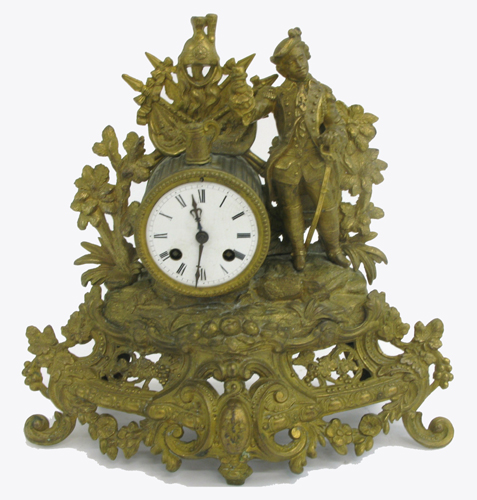 Appraisal: FRENCH GILT METAL FIGURAL MANTEL CLOCK having time and bell