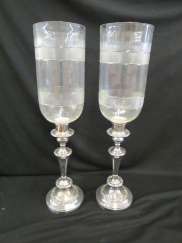 Appraisal: Pair of Silverplate Cut Crystal Hurricane Lamps tall