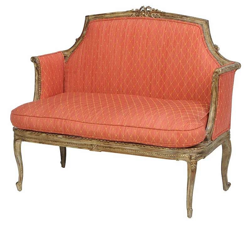 Appraisal: Louis XVI Style Carved and Silvered Settee th century ribbon