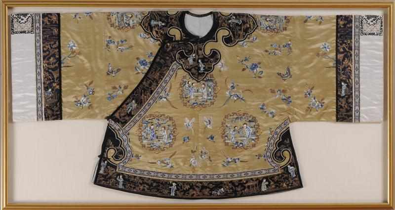 Appraisal: CHINESE TAN-GROUND SILK EMBROIDERED JACKET Worked with three figure roundels