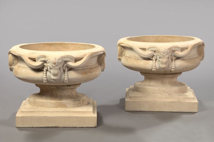 Appraisal: Pair of Neoclassical-Style Cast-Stone Garden Urns mid- th century each