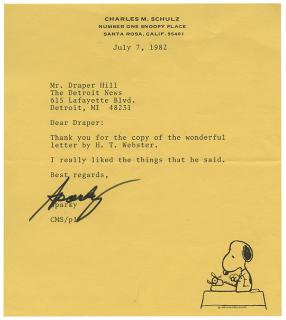 Appraisal: Schulz Charles Typed letter signed Sparky to Detroit News cartoonist