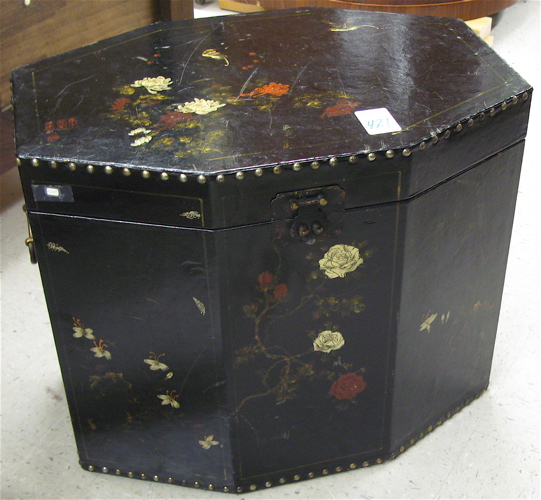 Appraisal: CHINESE LIFT-TOP STORAGE BOX of elongated octagonal shape wood construction