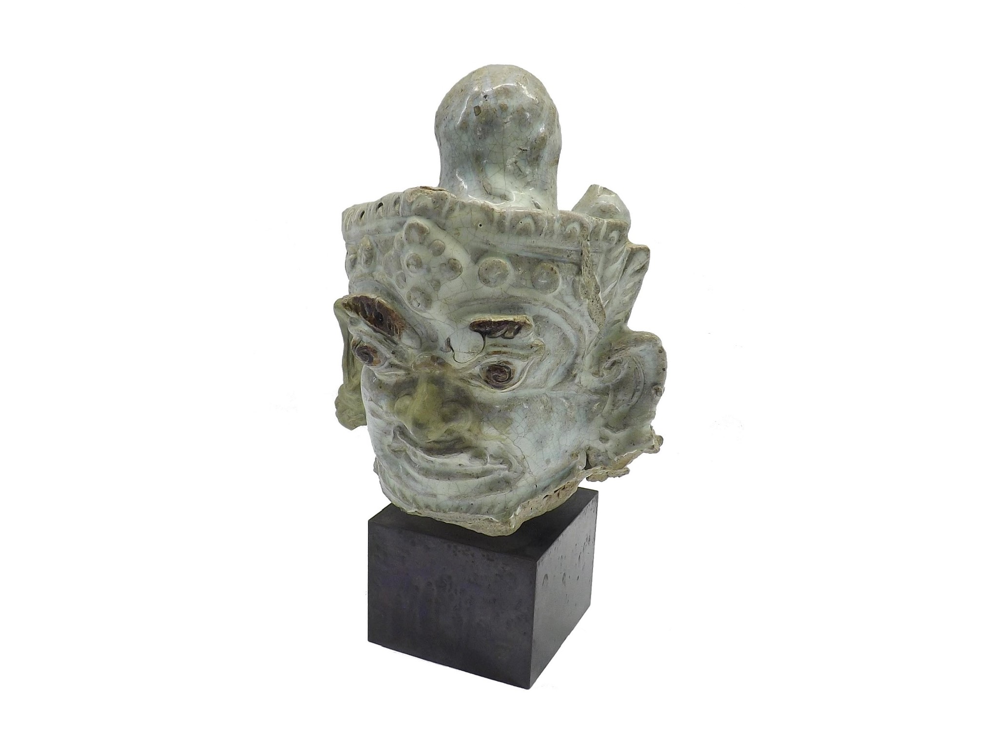 Appraisal: Interesting antique stoneware theatrical painted head upon a contemporary square