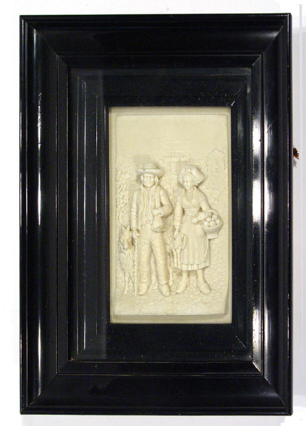 Appraisal: Rectangular wax carving of two figures the gentleman with a