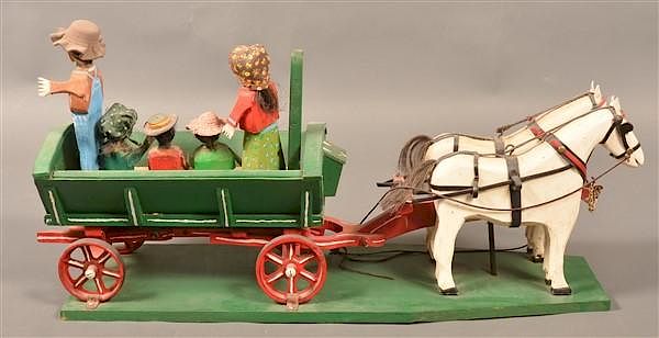 Appraisal: Folk Art Horse Drawn Wagon by Luke Gottshall Carved and