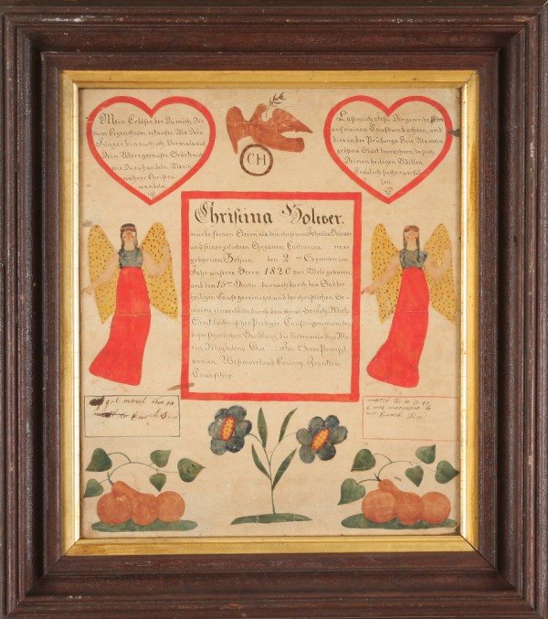 Appraisal: th century hand painted certificate for Christina Holttzer born in