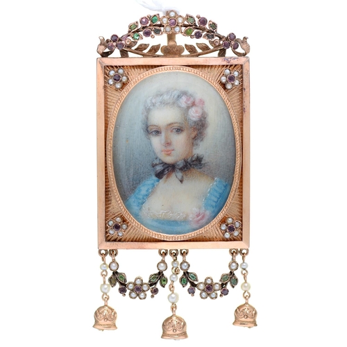 Appraisal: A French jewelled gold pendant set with a miniature c