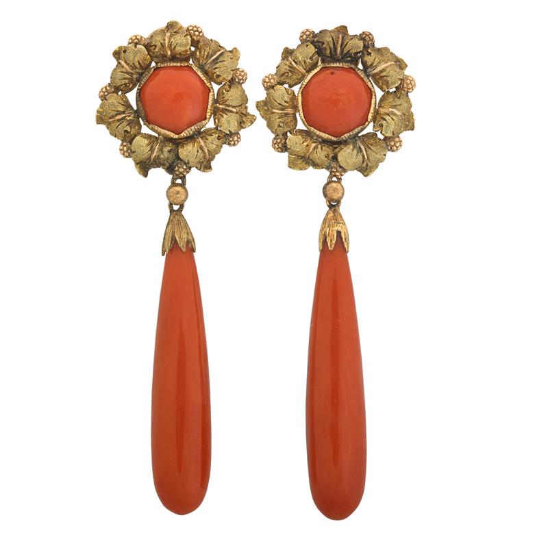 Appraisal: BUCCELLATI ITALY K GOLD RED CORAL DROP EARRINGS Condition Report