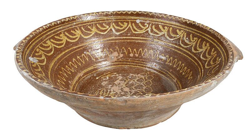 Appraisal: Continental Slip Decorated Redware Basin dated tapered bowl with molded