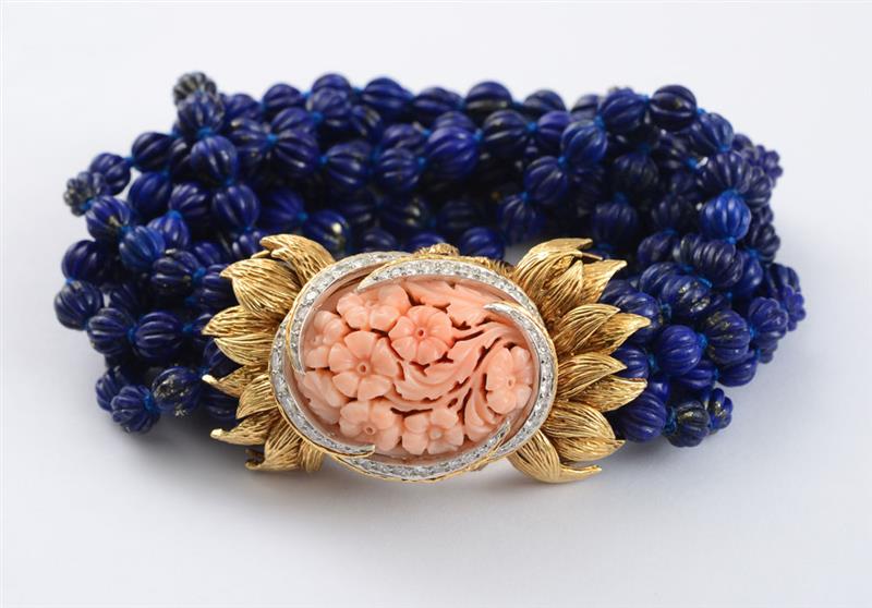 Appraisal: LAPIS BEAD CORAL AND DIAMOND BRACELET DAVID WEBB With carved