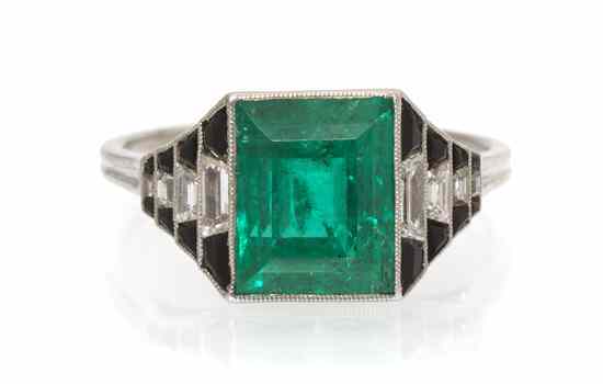 Appraisal: An Art Deco Platinum Emerald Diamond and Onyx Ring containing