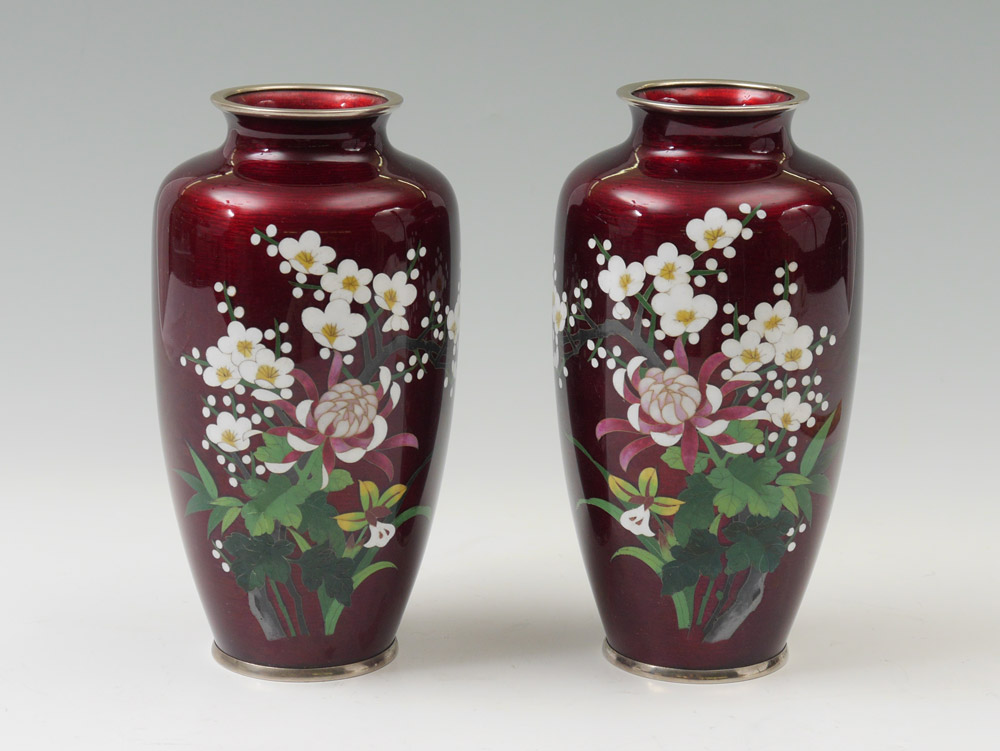 Appraisal: JAPANESE GINBARI CLOISONNE VASES Ox blood ground with floral motif