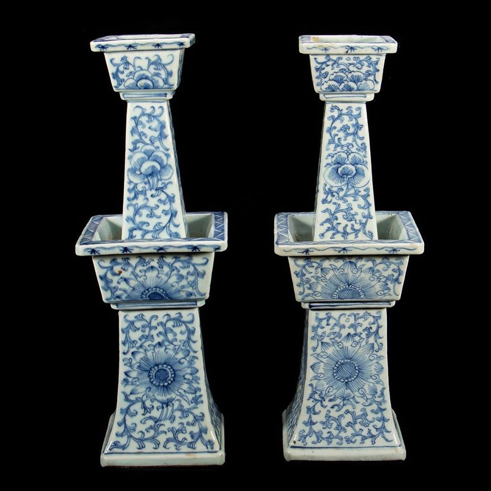 Appraisal: Pair Chinese of th century Blue White Ceramic Candle sticks