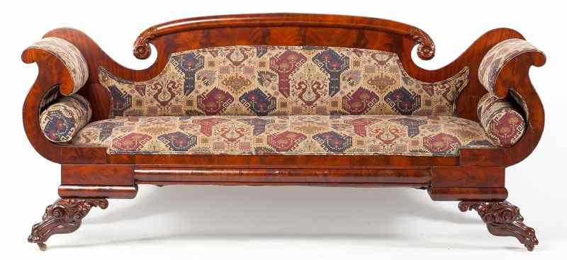 Appraisal: Philadelphia Classical Sofacirca mahogany and mahogany veneers scrolled crest with