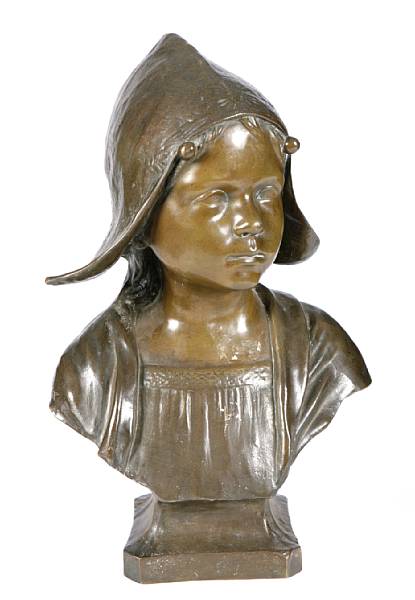 Appraisal: A patinated bronze bust of a girl after A Gory