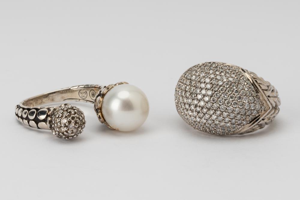 Appraisal: TWO ASSORTED JOHN HARDY STERLING DIAMOND CULTURED PEARL RINGSIncluding a