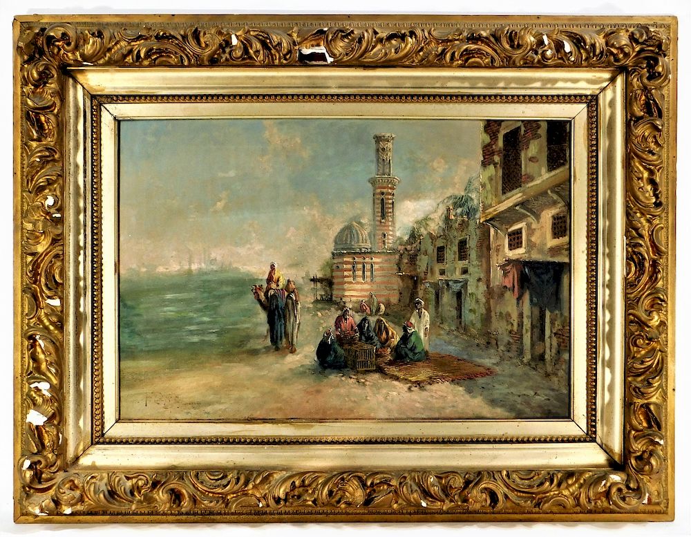 Appraisal: C French Orientalist Coastal Market O C Painting France th