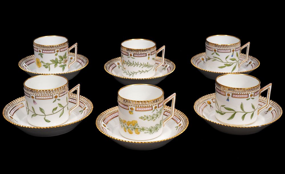 Appraisal: Flora Danica Chocolate Cup Saucer Sets Flora Danica Chocolate Cup