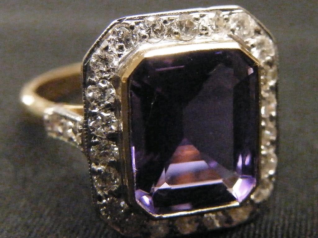 Appraisal: Good amethyst and diamond ct rectangular cluster ring the emerald