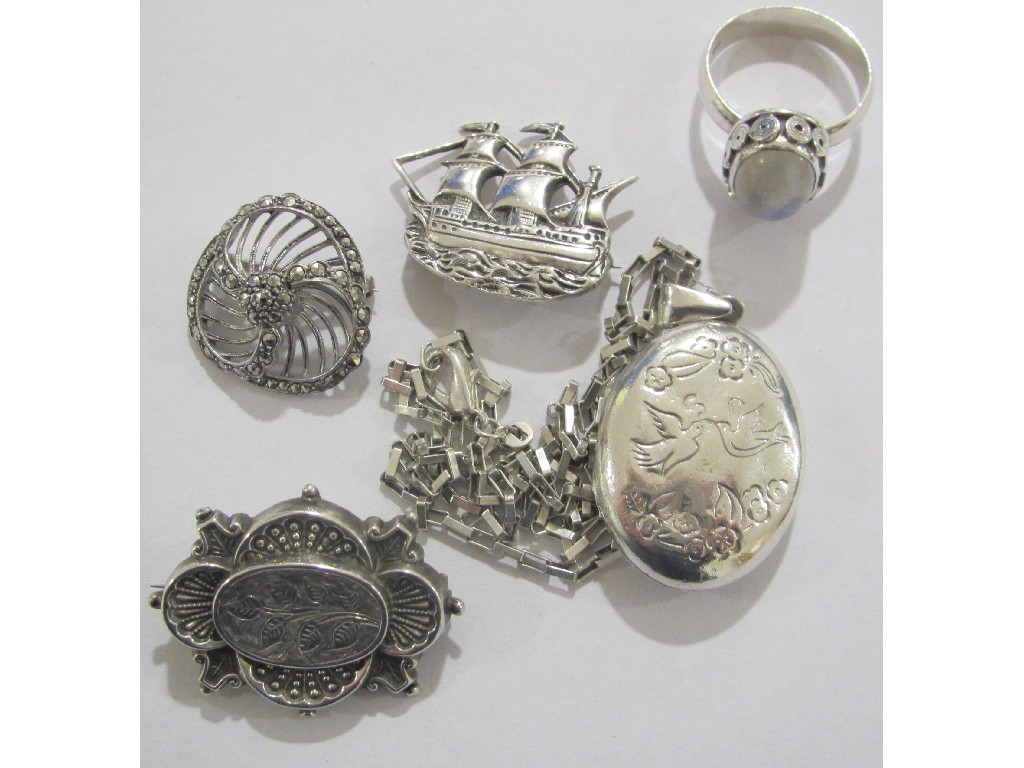 Appraisal: Lot of silver pieces to include photo locket opalescent stone