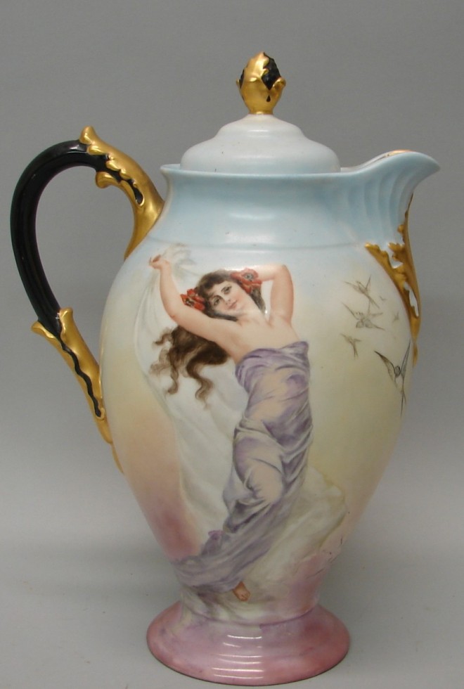 Appraisal: Hand painted coffee pot features woman wearing purple flowing dress