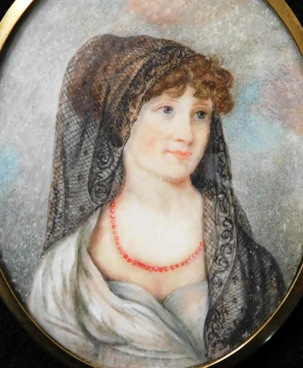 Appraisal: MINIATURE Portrait of a woman with black lace head scarf