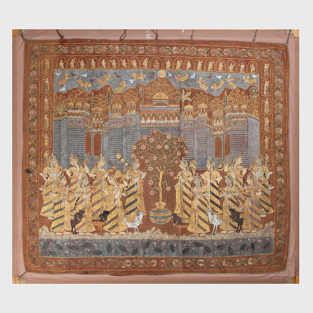 Appraisal: Large Indian Painted Pichhavai Possibly Rajastan School Courtyard Scene within