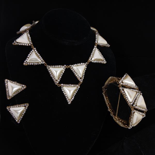 Appraisal: Miriam Haskell pc Pearl Finish Rhinestone Triangle Motif Bib Necklace