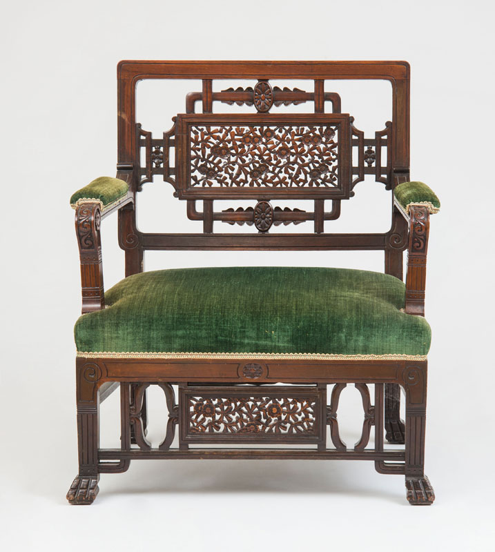 Appraisal: AESTHETIC MOVEMENT JAPONESQUE ARMCHAIR Carved rosewood x x in Estimate