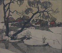 Appraisal: Illegibly signed color etching A vilage scene in winter Color