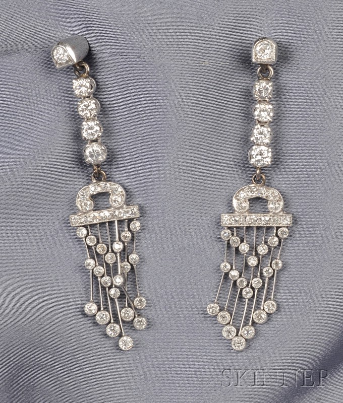 Appraisal: Art Deco Platinum and Diamond Earpendants designed as a cascade