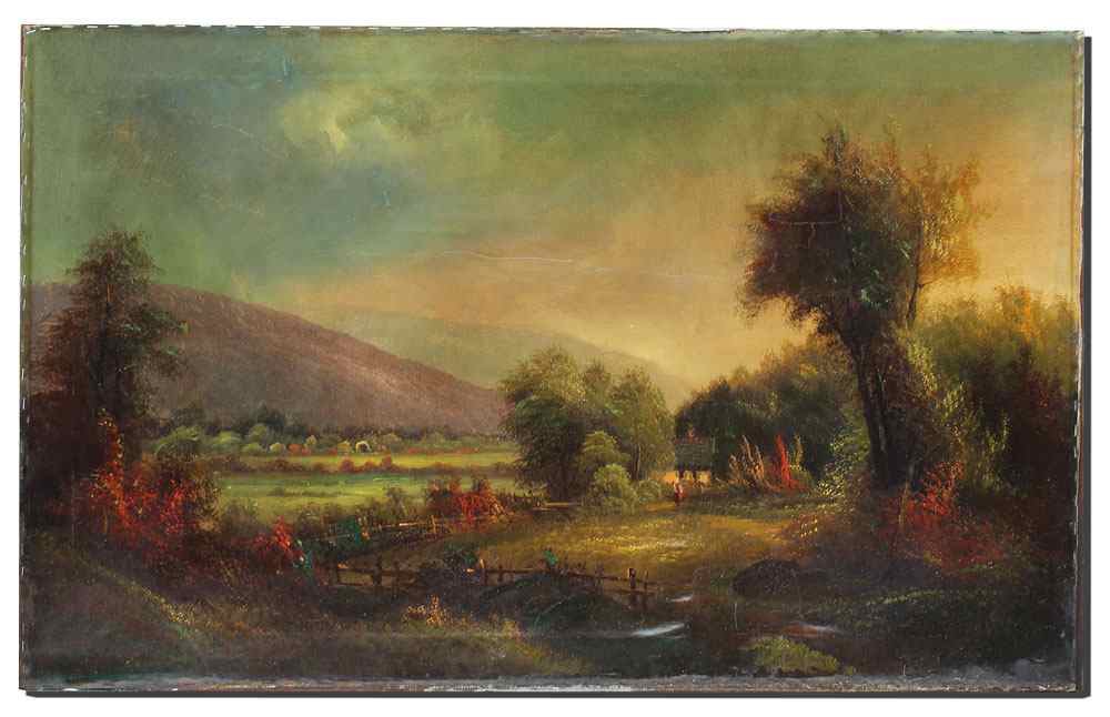 Appraisal: PANORAMIC AMERICAN SCHOOL VALLEY LANDSCAPE WITH COTTAGE AND FIGURE Oil