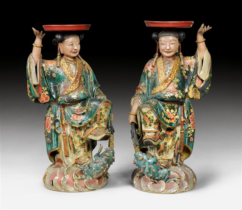 Appraisal: PAAR POLYCHROME TR GERFIGUREN China Jh H cm Keramik glasiert