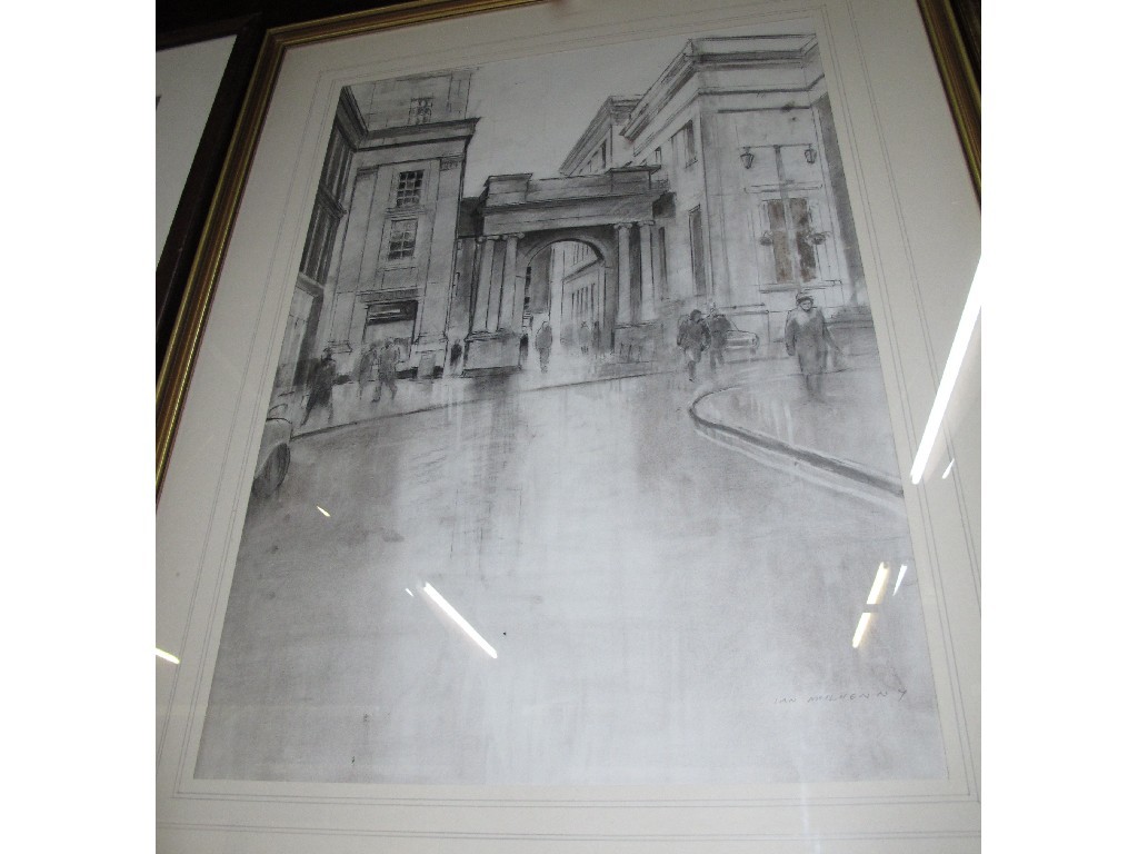 Appraisal: IAN McILHENNY Monochrome chalk drawing 'Royal Exchange Square' signed