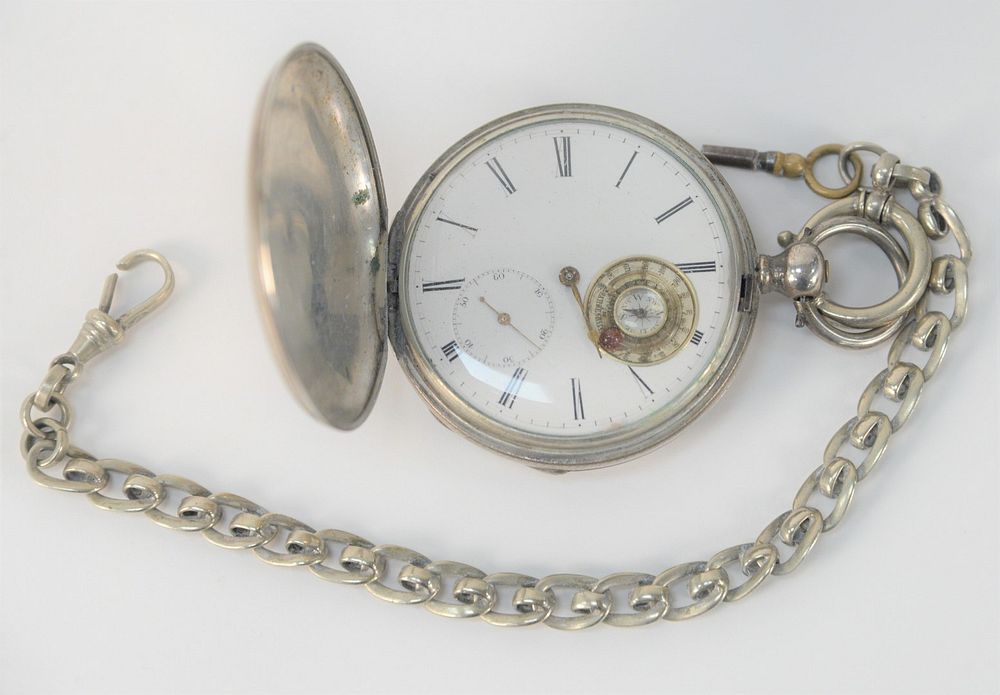 Appraisal: Silver Pocket Watch and Chain porcelain dial having thermometer and