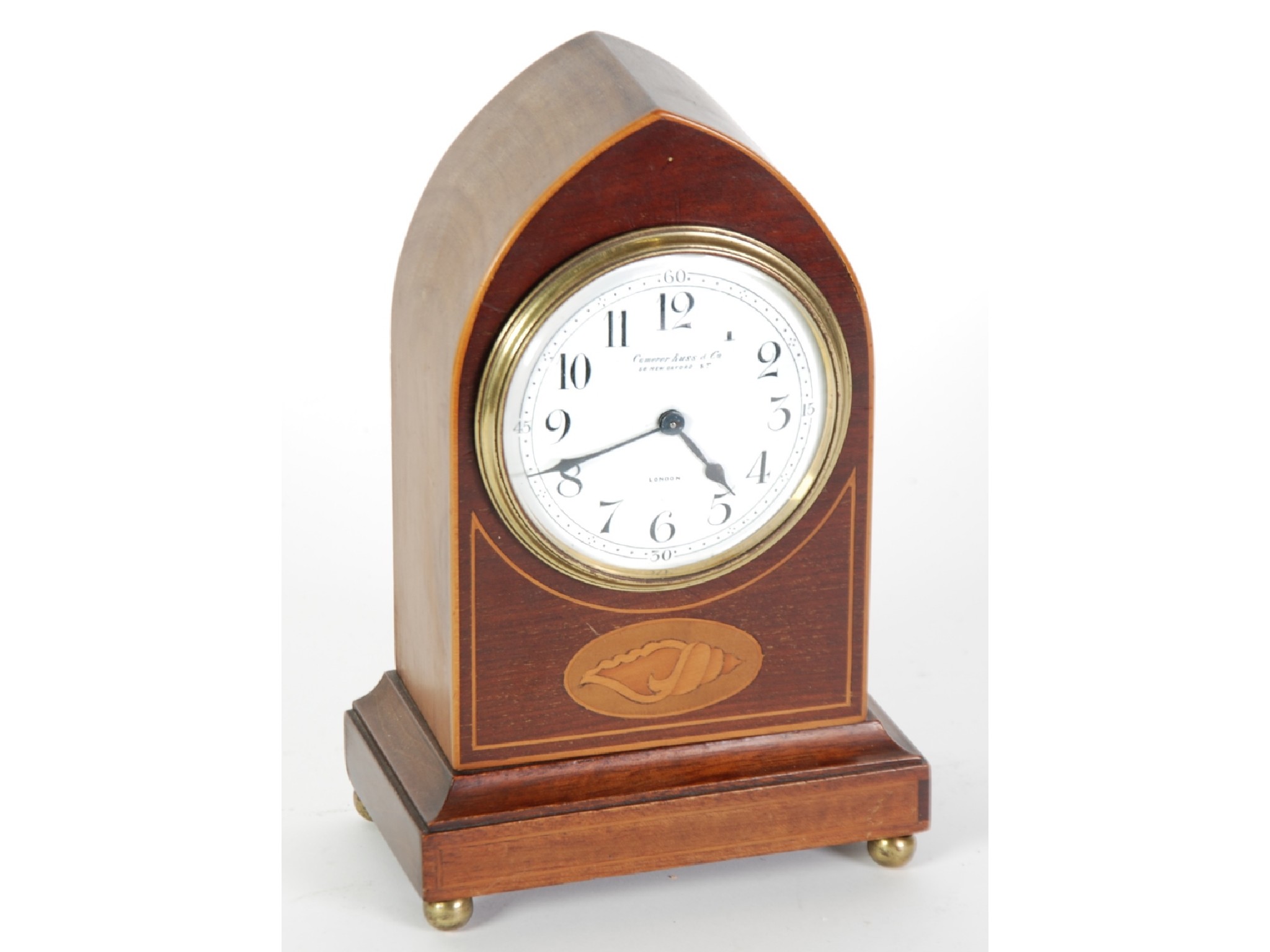 Appraisal: EDWARDIAN INLAID MAHOGANY LANCET TOP MANTLE CLOCK RETAILED BY CAMERER