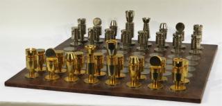 Appraisal: American MCM Machine Age Metal Leather Chess Set UNITED STATES