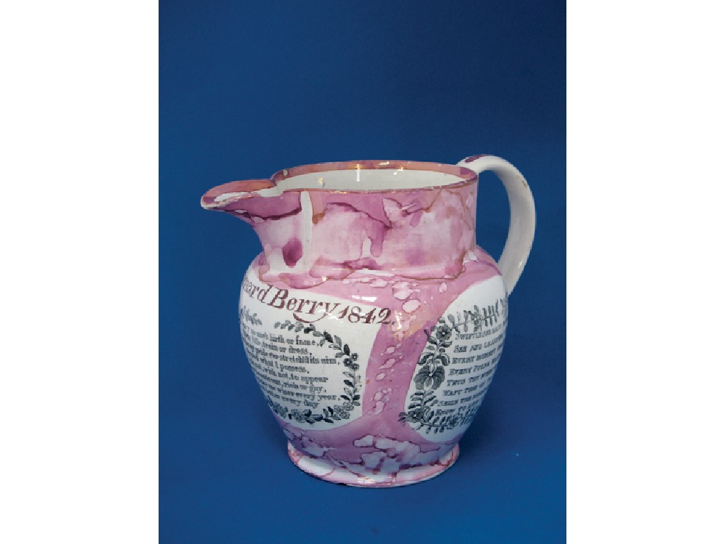 Appraisal: A TH CENTURY SUNDERLAND LUSTRE JUG with named inscription for