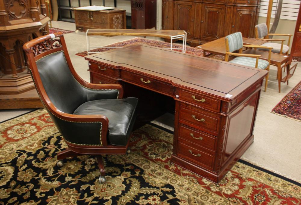 Appraisal: CHINESE FLAT-TOP ROSEWOOD DESK WITH CHAIR a rectangular double pedestal