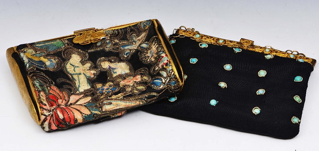 Appraisal: A SMALL S BLACK SILK CLUTCH BAG embroidered with two