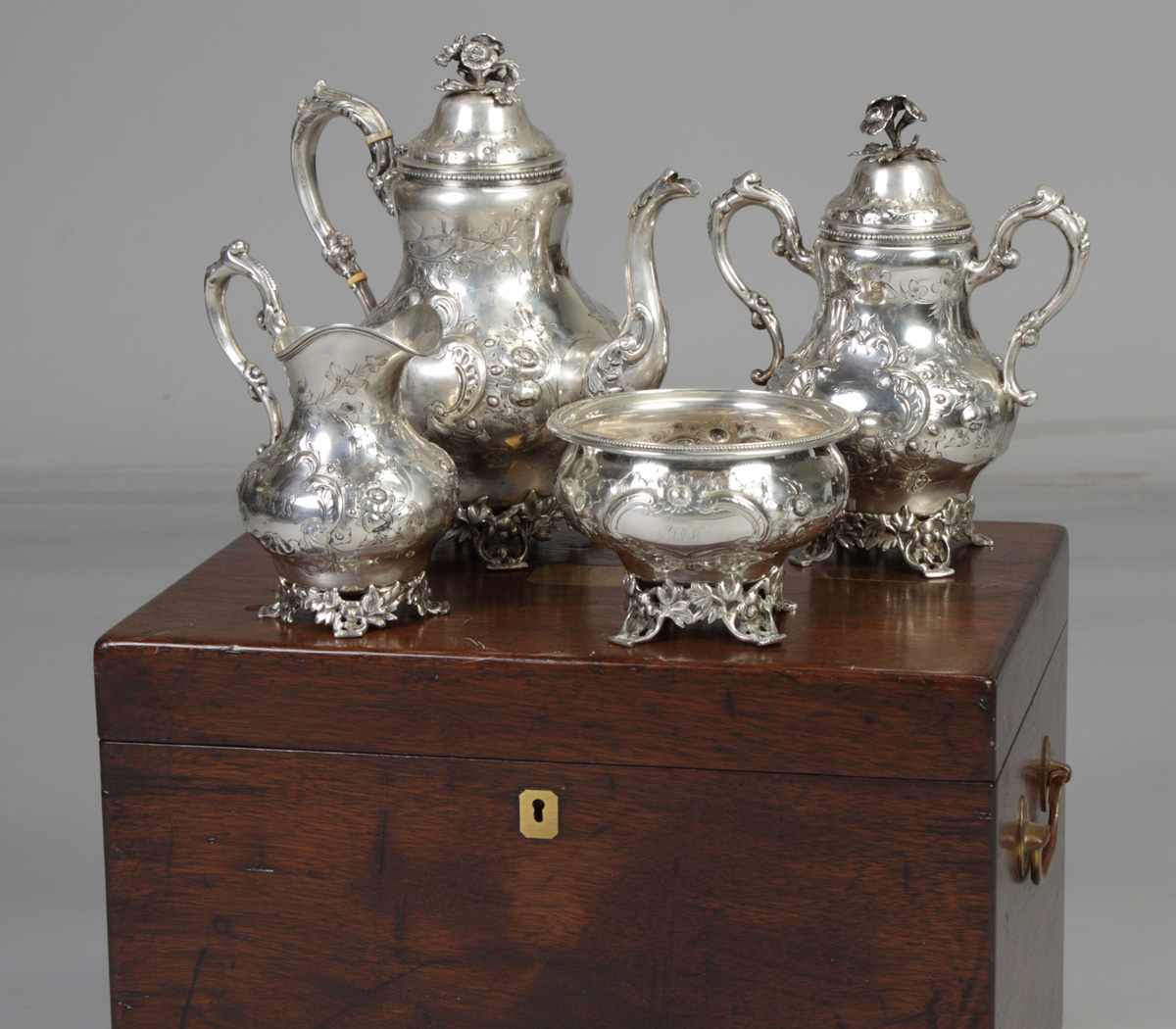 Appraisal: F W Cooper Coin Silver -Pc Tea Set Bulbous form