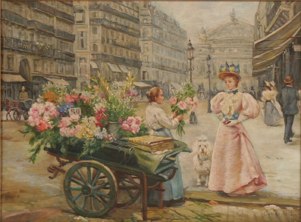 Appraisal: Continental Parisian Victorian city scene with flower cart and vendor