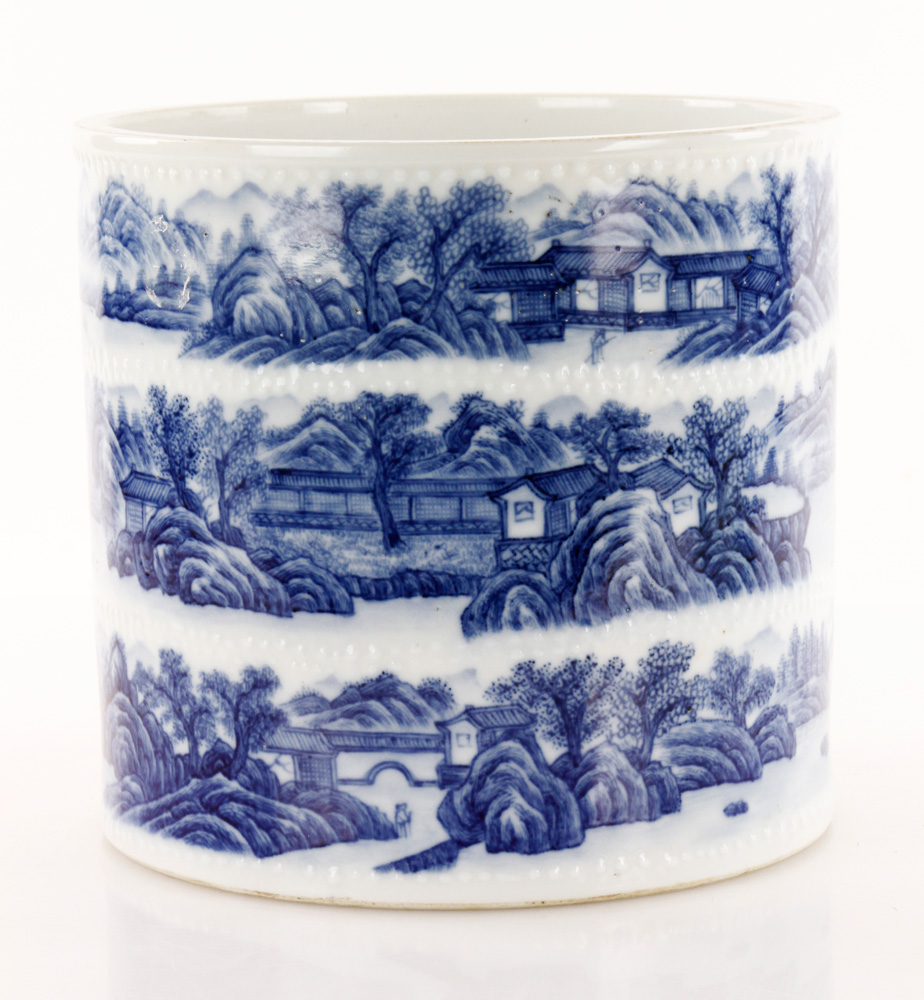 Appraisal: - Chinese Blue and White Porcelain Brush Pot Blue and