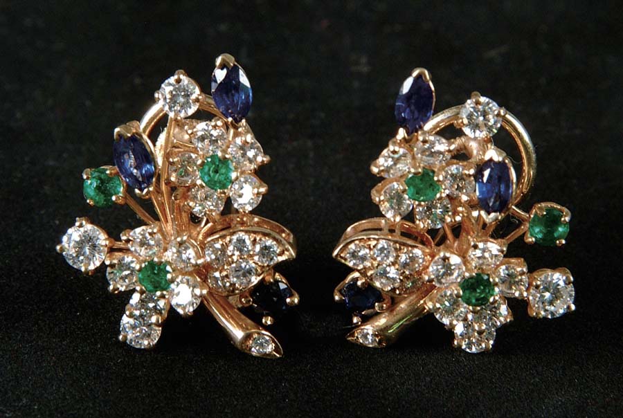 Appraisal: DIAMOND GEMSTONE FLORAL EARRINGS These very impressive k yellow gold