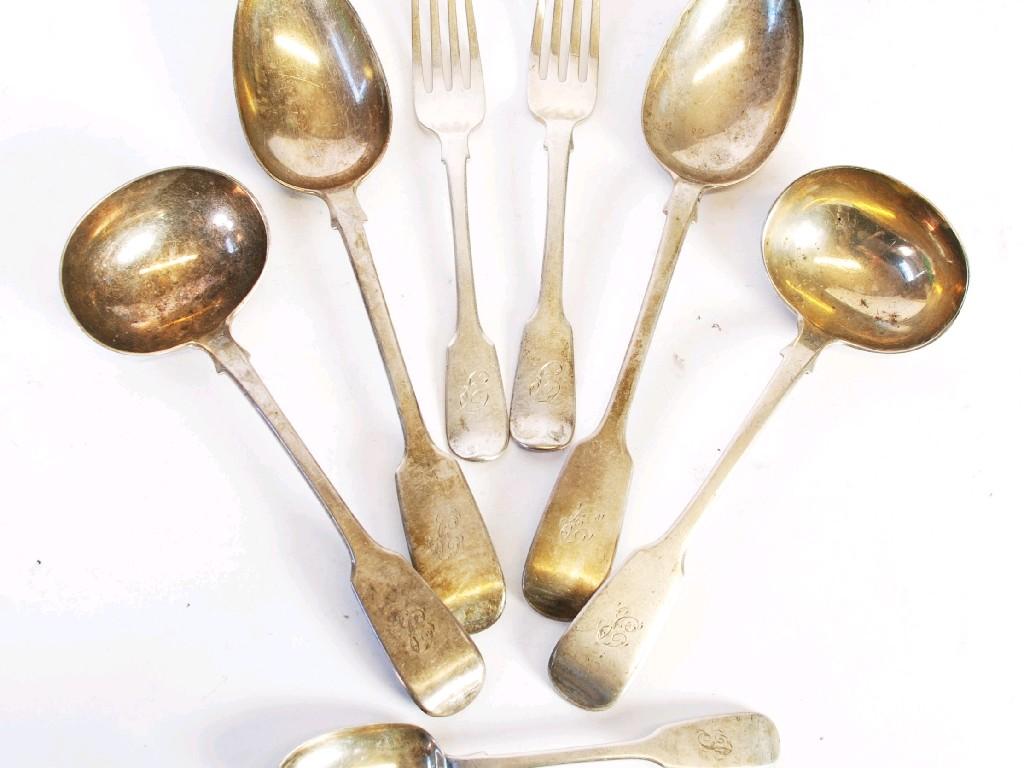 Appraisal: MATCHED PART TABLE SERVICE OF NINETEENTH CENTURY FIDDLE HANDLE CUTLERY