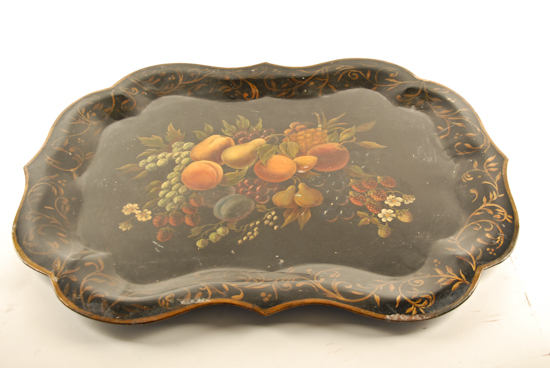 Appraisal: Large Tole Painted Tray with Fruit Design wide deep